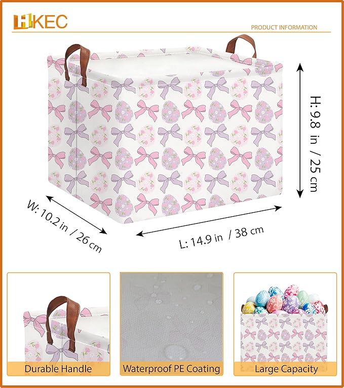 HKEC Rectangle Easter Basket Empty,Easter Gift Bakset for Kids,Easter Basket for Egg Hunting,Toys Bin with Handles,Room Decor(Bowknot Easter Basket)