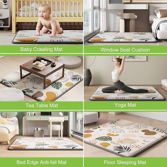 1.3" Thick Baby Play Mat for Floor, Elasti-Foam 50x50 Playpen Mat, Water Repellent Ultra Soft Coral Velvet Tummy Time Crawling Mats for Kid Toddlers Infants, Non-Slip Backing Safe for Earth Tones
