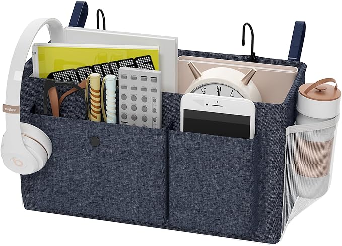 Edudif Bedside Caddy Bedside Organizer with Fixed Straps & Water Bottle Holder, Bunk Bed Caddy ideal for Home, Dorm, Hospital, Crib, Versatile Bedside Storage Solution (Navy)