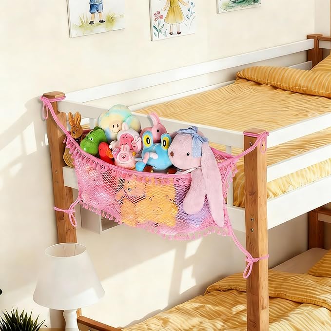 Stuffed Animal Storage Net, Large Bedside Toy Organizer Net, Cotton Plushie Toy Storage Hammock with Tether for Stuffed Animals Playroom Organization