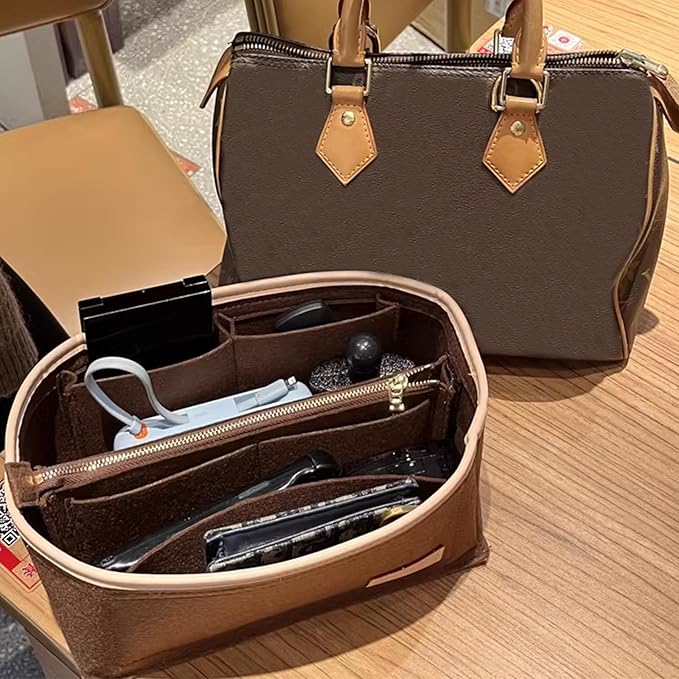 Doxo Purse Organizer Insert for Handbags & Base Shaper 2pc Set, Tote Bag Organizer Insert with 6 Sizes, Compatible with Speedy 25 More(M-Brown)