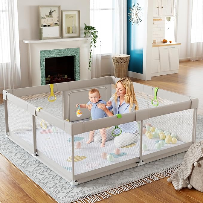 Fodoss Baby Playpen with Mat, 59x59in Playpen for Babies and Toddlers, Kids Play Pen, Extra Large Baby Fence for Infants with Playmates, Toddler Playard