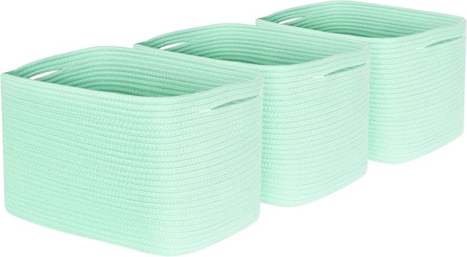 MINTWOOD Design 3-Pack Decorative Woven Storage Baskets for Shelves, Cube Bin Box for Organizing Books, Shoes, Dog Toys, Pantry Closet and Living Room Organizer, Mint