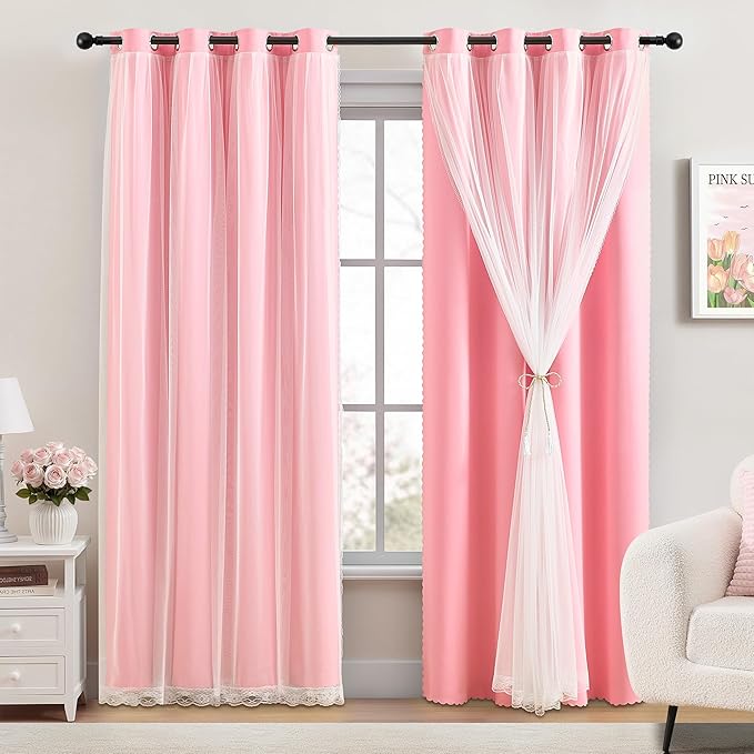XiDi Pink Blackout Curtains for Girls Bedroom Living Room 63 Inches Long 2 Panels Thermal Insulated Double Layer Curtains with Sheer Overlay Lace Hem for Nursery Kids Princess Grommet Drapes 34Wx63L