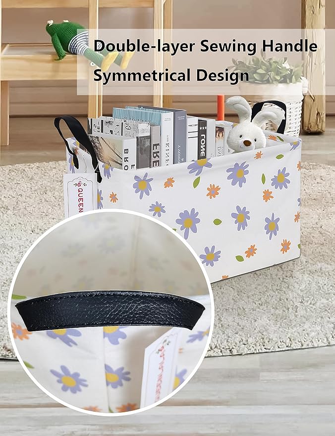 QUEENLALA Rectangular Laundry Hamper/Foldable Nursery Laundry Basket for Organizing/Storage Bin Baskets/Children Toy Office Bedroom/Toy Bin Closet Shelf Baskets(Rec-flowers)