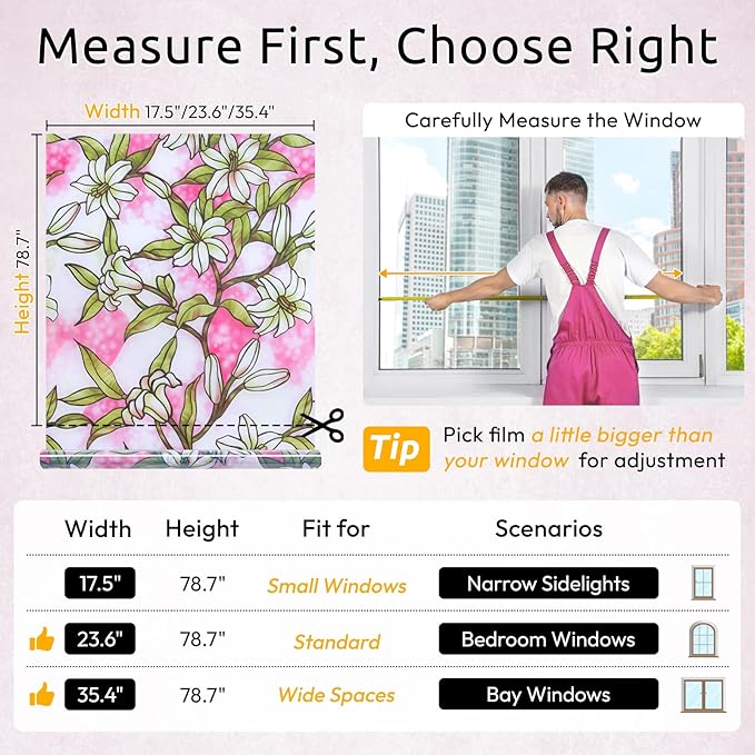 rabbitgoo Pink Lily Window Film Privacy Frosted Glass Cover - Static Cling Removable Decorative Window Tint for Bathroom, Bedroom, Living Room (35.4 x 78.7 Inch)