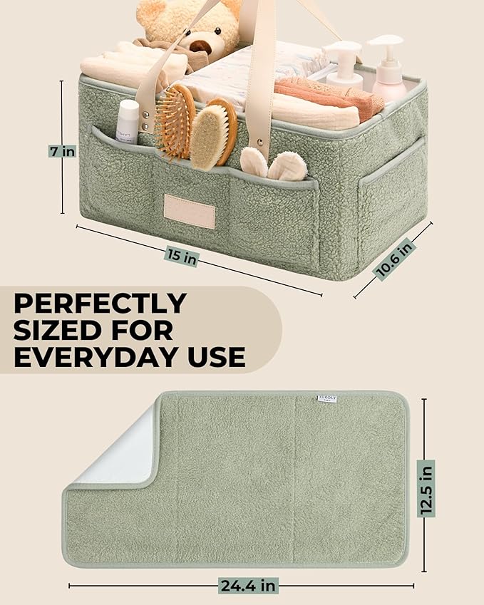Toodly Baby Diaper Caddy Organizer with Portable Changing Mat - Teddy Fleece Diaper Organizer for Changing Table - Basket for Changing Essentials - Baby Essentials Organizer with Removable Dividers