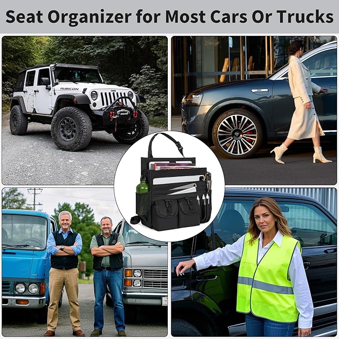 FREEAMG Car Front Seat Organizer Backseat Organizer with Dedicated Tablet Laptop Storage Adjustable Shoulder Strap Cup Holder Truck Seat Storage Universal fits for Most of Car