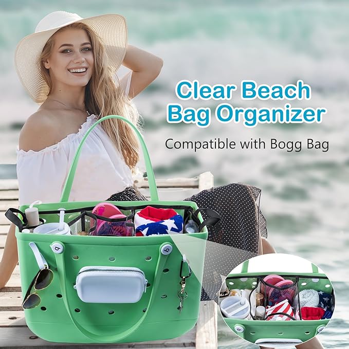 AMOIGEE Clear Beach Bag Organizer Insert with 3pcs Accessories for XL Bogg Bag Inserts - Tote Bag Divider with Sunglasses Holder, Phone Holder and Clips Hooks - Beach Tote Insert Organizer Liner