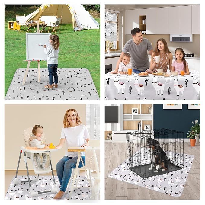 DFHY Waterproof Baby Splat Mat for High Chair and Floor, 60.24 x 60.24 Inch Wipeable, Washable & Anti-Slip Food Mat, Cactus Alpaca Design