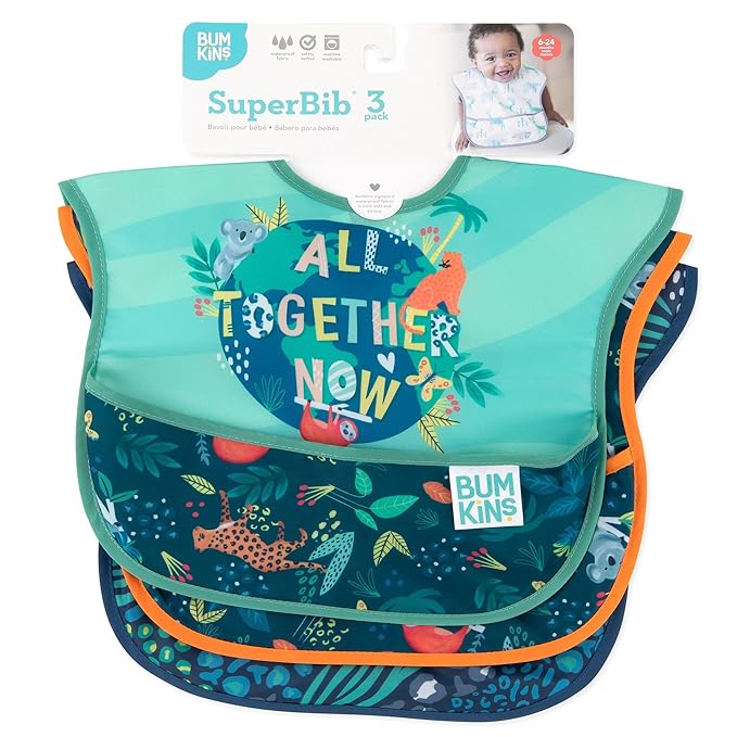 Bumkins Bibs for Girl or Boy, SuperBib Baby and Toddler for 6-24 Months, Essential Must Have for Eating, Feeding, Baby Led Weaning Supplies, Mess Saving Catch Food, Waterproof Fabric 3-pk Jungle