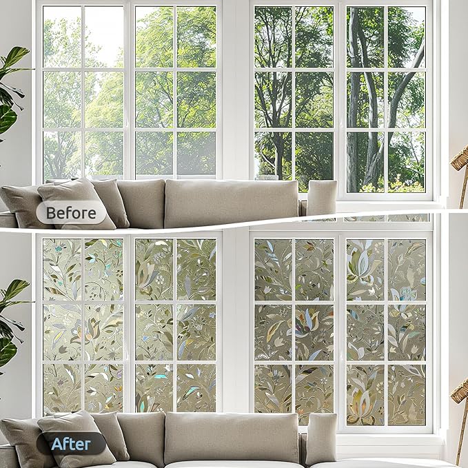 rabbitgoo Window Privacy Film, Decorative Stained Glass Window Film, Heat Blocking Glass Clings, Renter-Friendly Static Cling Frosted Sticker Covering for Home, Taupe Tulip 17.5" x 78.7"