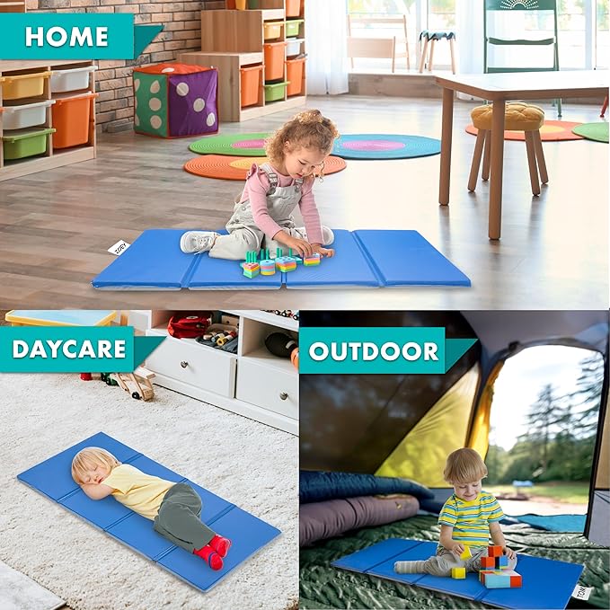 ProSource Four-Fold Kids Rest Mat, 1-inch Thick Sleeping Mats for Kids, Foam Foldable Cushion for Child Comfort, 45-in - Blue/Grey