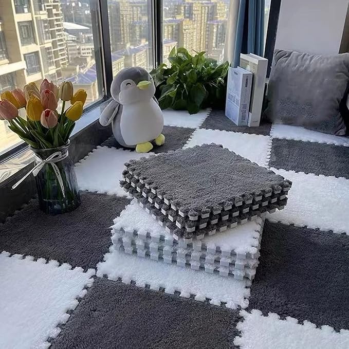 12pcs Plush Puzzle Foam Floor Mat, Soft Fluffy Interlocking Square Foam Tiles Area Rugs Carpet for Parlor Bedroom Decoration(11.8x11.8x0.4in, Grey&White)