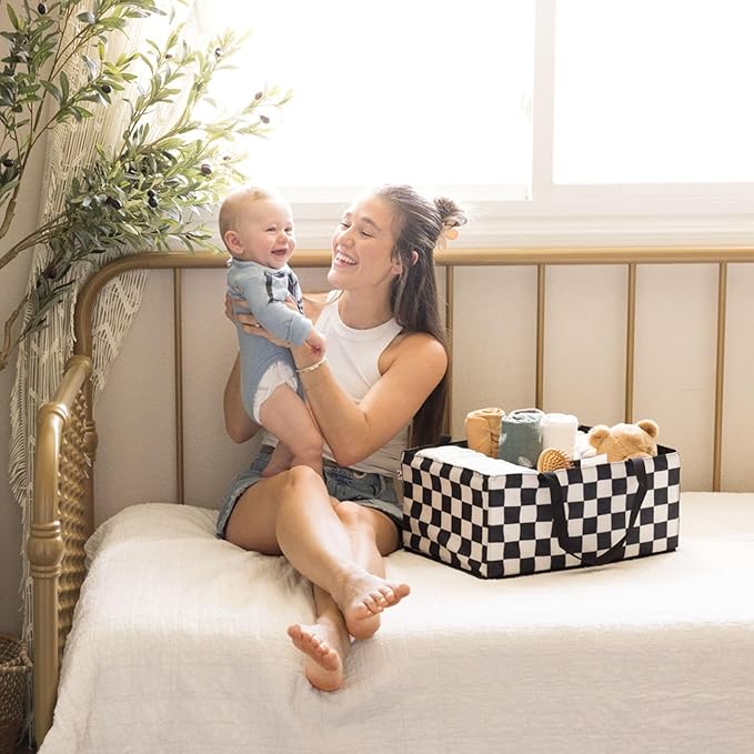 Tiny Twinkle Diaper Caddy Organizer | Foldable Baby Storage Basket with Removable Divider | Waterproof & Mess-Proof Fabric, Portable Nursery Organizer for Newborn Essentials (Black Checkers)