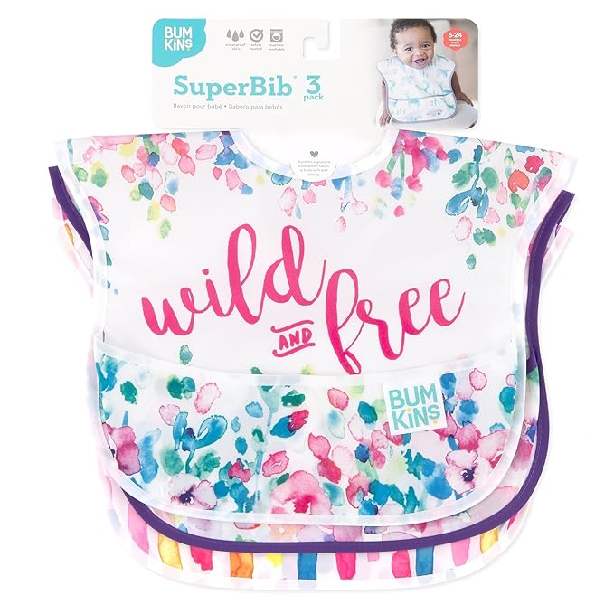 Bumkins Bibs for Girl or Boy, SuperBib Baby and Toddler for 6-24 Months, Essential Must Have for Eating, Feeding, Baby Led Weaning Supplies, Mess Saving Catch Food, Fabric 3-pk Wild and Free