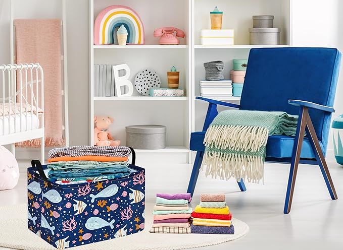 DUYIY Rectangle Gift Storage Basket Home Shelf Storage Basket Organizer Box Clothes Laundry Hamper Nursery Basket Laundry Basket with Handles (Whale)