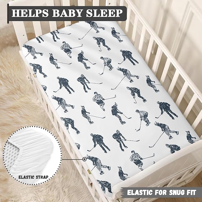 Ice Hockey Fitted Crib Sheet for Boys Girls Sports Event Hockey Player Baby Sheet for Standard Crib and Toddler Winter Sport Nursery Bed Mattress Sheets 28"x52"