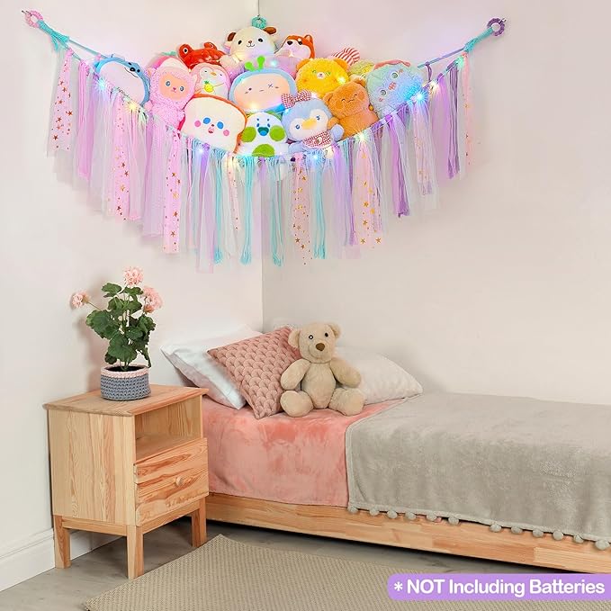 FIOBEE Stuffed Animals Net or Hammock with LED Light, Toy Hammock Hanging Stuffed Animals Storage Organizer Holder Room Décor for Nursery Kids Bedroom