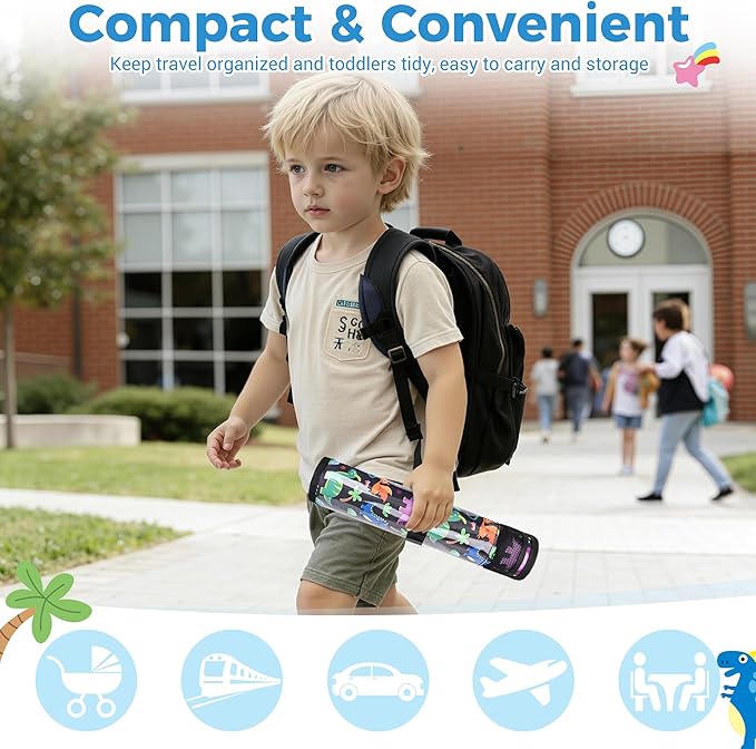 COOLBEBE Airplane Tray Table Cover, Foldable Travel Tray Cover for Toddlers 1-3, Universal Fit for Airplane, Car Seat, High Chair, Machine Washable, Portable, Black Dinosaur