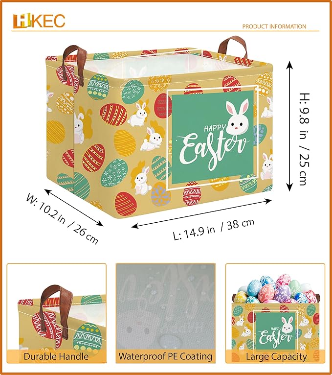 HKEC Rectangle Storage Basket with Handles,Collapsible Storage Bin,Books Box,Gift Basket(Happy Easter)