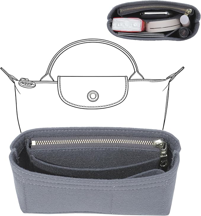 Premium Felt Purse Organizer Insert Compatible with Longchamp Mini Bags, Bag Insert for Le-Pliage XS Pouch with Handle, Extra Small Handbag Inner Shaper(Mini,Light Gray)