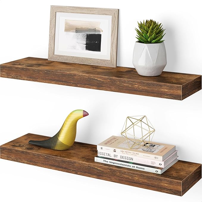 Ballucci Floating Shelves, 24" Wood Wall Shelf Set of 2, with Invisible Brackets for Bathroom, Living Room, Bedroom, Kitchen, Nursery, 6" Deep, Rustic Brown