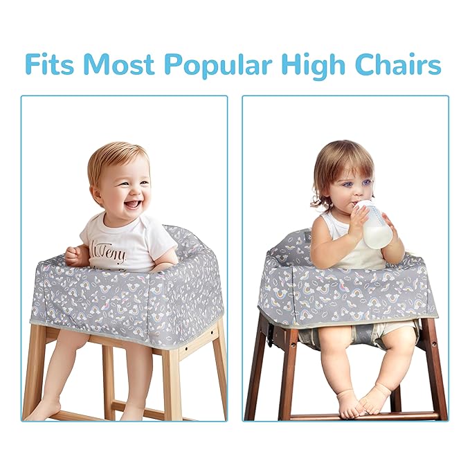 Dual-Belt Baby High Chair Cover, Upgrade Version, for Wooden or Restaurant High Chair, Sturdy and Robust Material, Waterproof Washable Stain and Slip Resistant, Gray Rainbow