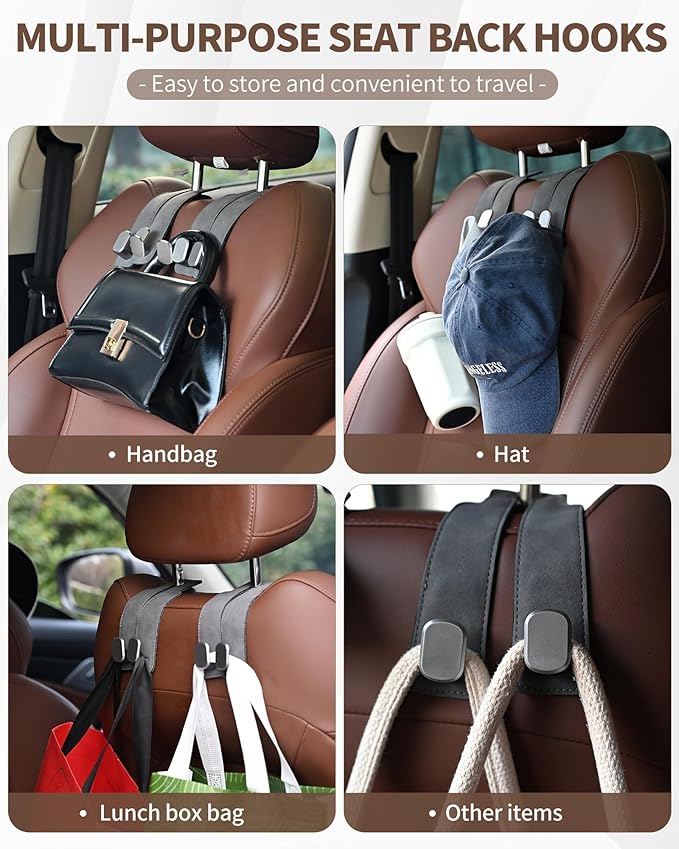 Headrest Hooks for Car, 4 Pack Car Seat Back Organizer Storage Hook, Double Hook Car Seat Hooks for Hanger Purses and Bags, Leather Purse Holder for Car, Grey