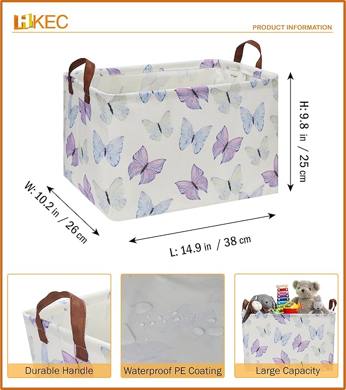 HKEC Rectangle Storage Basket with Handles, Collapsible Toys Bin, Books Box,Gift Basket(Blue & Purple Butterfly)