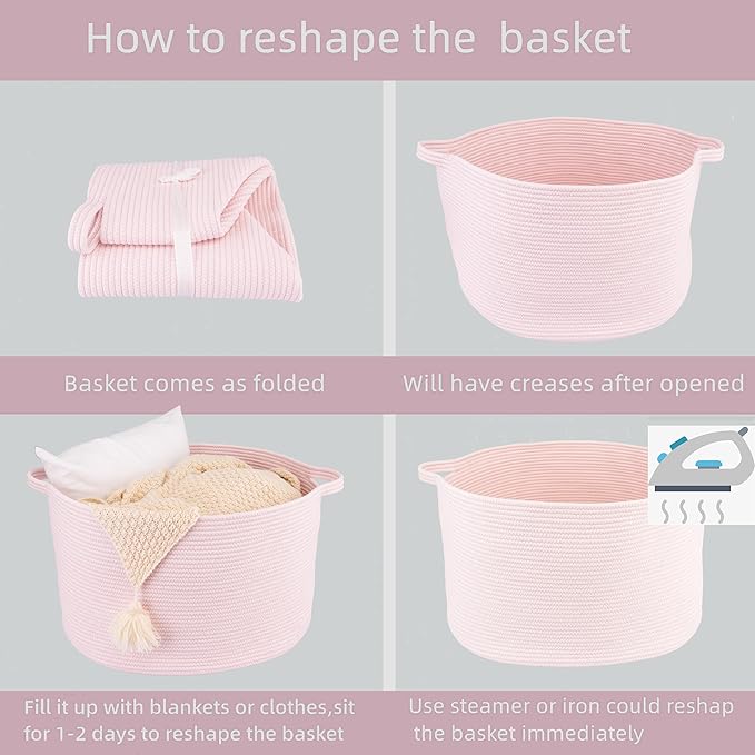 XUANGUO Large Cotton Rope Basket Blankets Basket Living Room 22"x14" Toy Baskets for Kids and Dogs Rope Storage Baskets for Nursery Woven Laundry Baskets for Clothes Towels Baby Toy Storage Round pink