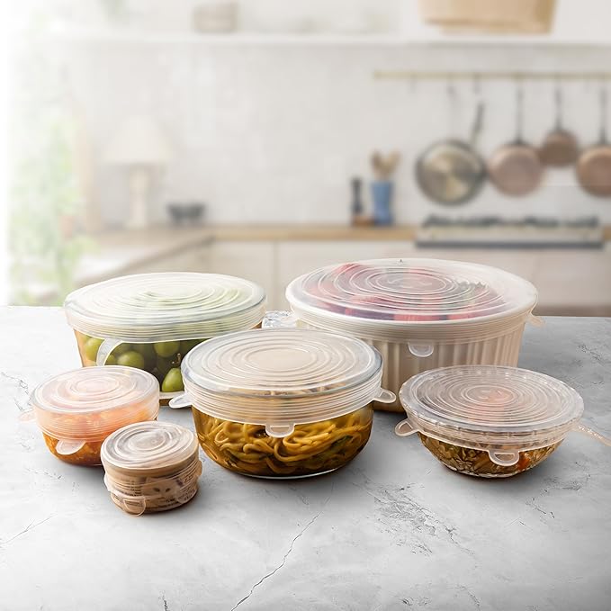 6 PCS Reusable Silicone Stretch Lids for Food Storage- Leakproof, Heat-Resistant Replacement Lids for Bowls, Cans, Cups and Glass Containers