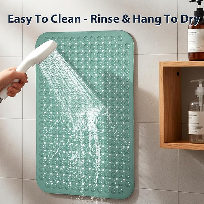 Large Shower Mat 21.5x33.5 Inch Mars Green, Soft Non Slip Shower Mats for Inside Shower with Big Suction Cups Drain Holes, Extra Large Bath Bathtub Mat Floor Stall Mats, BPA-Free, Easy Clean