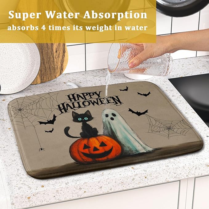 Happy Halloween Black Cat Ghost Dish Drying Mat for Kitchen Counter,Halloween Pumpkin Spiderweb Bat Drying Mat 16 x 18 Inch with High Absorbent Microfiber Drainer Mat for Coffee Bar