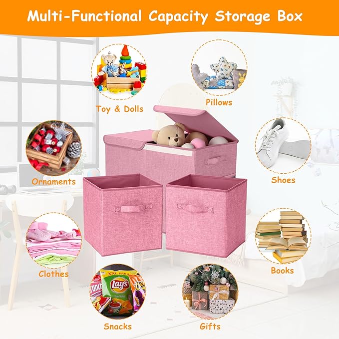 Fiwochic 3 Pack 23" Large Toy Storage Box with 11" Cubes Bins, Collapsible Toy Organizer Chest with Lids for Kids Nursery Playroom Bedroom Living Room Christmas Ornament Storage Box(Pink)