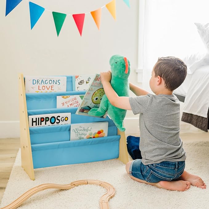 Wildkin Wooden Sling Bookshelf for Kids – Premium Canvas Design with 4 Fabric Shelves, Organizer for Home or Classroom - Natural w/Aqua