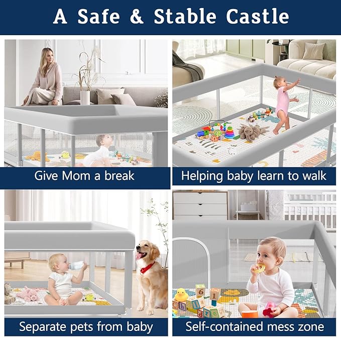 74x50 Inch Baby Playpen with Mat, Playpen with Cute Mat for Babies and Toddlers Play Pen Playards Safety Gate Fence Active Center Indoor