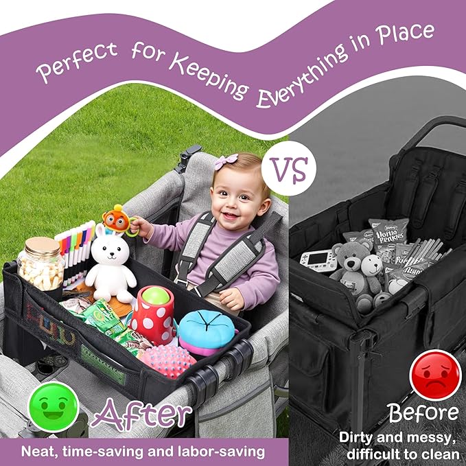 Babenest Stroller Snack Tray for Wonderfold Wagon W2, Foldable Thickened Snack Tray with Cup Holder, Storage Mesh Bag & Pen Slot, Easy to Clean Snack Board for Drawing
