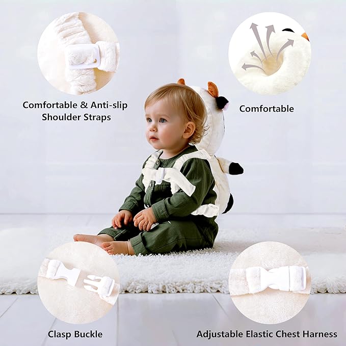 Baby Head Back Protector Backpack Toddler Safety Protector Cushion Pad Soft, Adjustable and Lightweight Design for Safe Walking and Crawling Toddlers Girls and Boys(Cow)