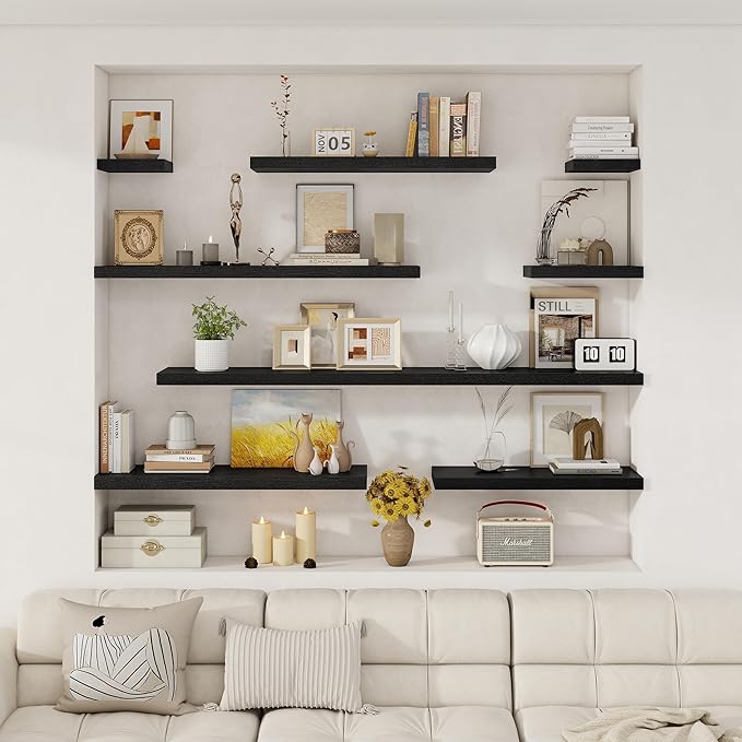 Fun Memories Black Deep Floating Shelves, 72 x 12 Inch Long Wall Shelves, Large Display Shelf & Storage Shelf, Wood Floating Wall Shelves for Fireplace Mantel, Living Room, Home Office - Set of 2