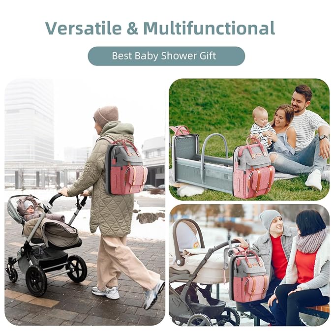 ISMGN Diaper Bag Backpack with Changing Station, Large Diaper Bag, Baby Bag, Multifunctional Diaper Bag, Pinkgray