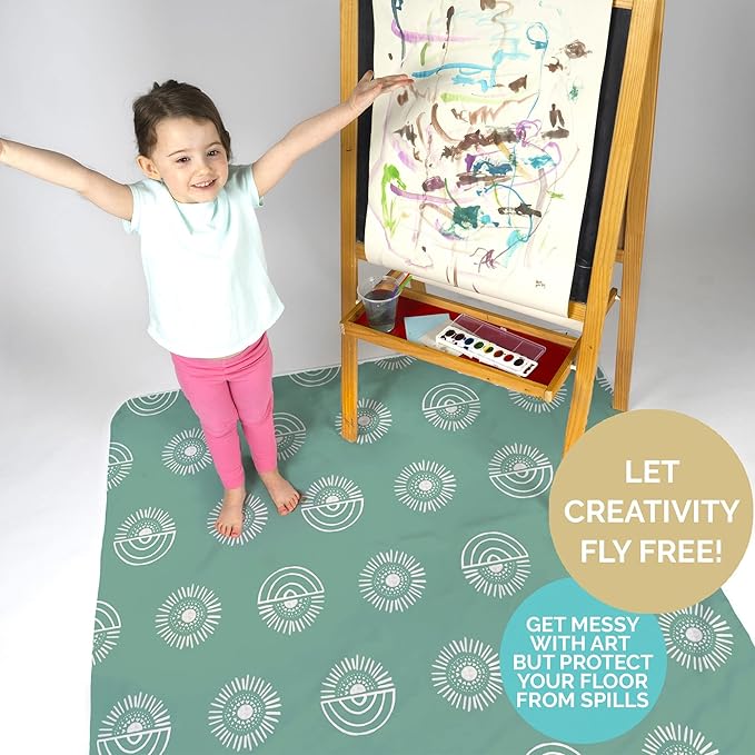 JumpOff Jo - Large Baby Splat Mat for Under High Chair, Booster Seat, Tabletop, Food Catcher - Protect Floor and Carpet from Spills & Crafts - Waterproof and Washable (Rainbow Sun)