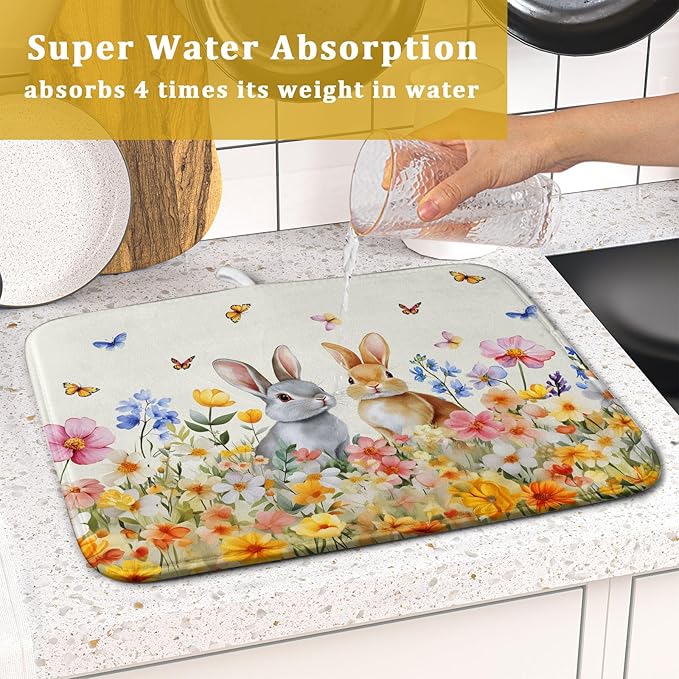 Spring Easter Rabbit Dish Drying Mat for Kitchen Counter,Colorful Flowers Butterflies Drying Mat 16 x 18 Inch with High Absorbent Microfiber Drainer Mat for Coffee Bar