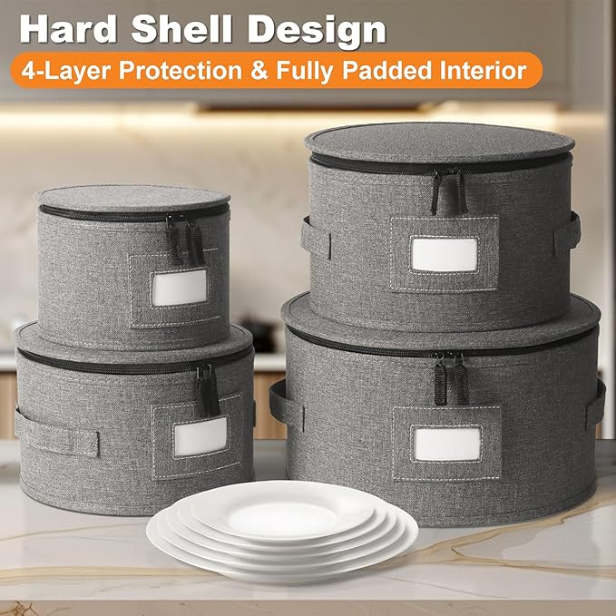 Kukikan China Storage Containers, 4PCS Hard Shell Dish Storage Containers with Felt Dividers for Charger Plates Dinnerware, Moving Boxes for Dishes, Stackable Plate Storage Cases for 12 Place Setting
