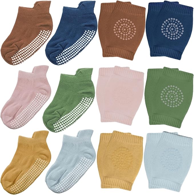Geyoga 12 Pairs Baby Crawling Anti Slip Knee Pads and Baby Anti slip Socks Toddler Knee Protector