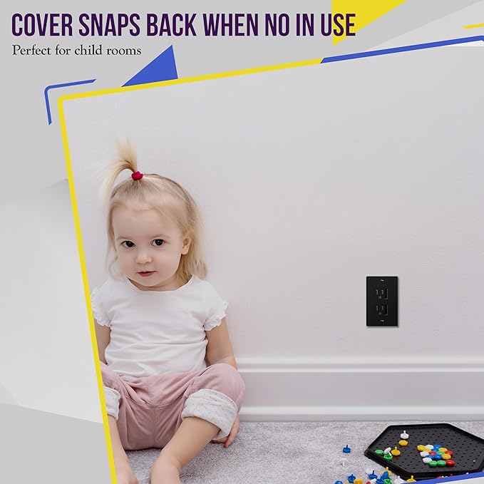 ENERLITES Child Proof Outlet Cover, Self-Closing, Fits Both Duplex and Decorator Outlet, Safety Design, Tamper-Resistant Socket Plug for Receptacle, Size 4.75" x 3.9", 8800-TR, Black 6 Pack