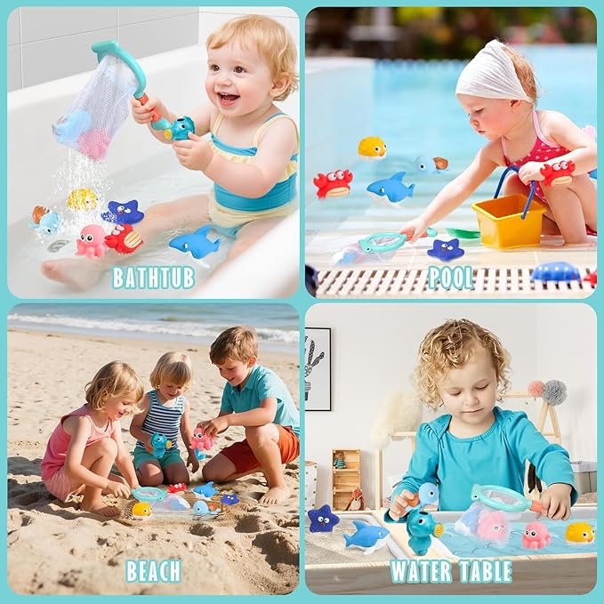 Mold Free Bath Toys for Toddlers, No Hole Baby Bath Toy Set with Storage Bag, Ocean-Themed Bathtub & Pool Toys for Infants 6-12 Months and Kids Ages 1-3, 2-4 & 3-5