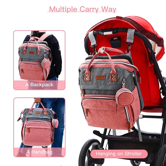 ISMGN Diaper Bag Backpack with Changing Station, Large Diaper Bag, Baby Bag, Multifunctional Diaper Bag, Pinkgray