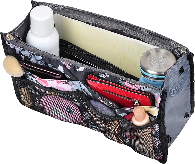 Vercord Purse Organizer Insert for Handbags Bag Organizers Inside Tote Pocketbook Women Nurse Nylon 13 Pockets Peony Flowers Medium