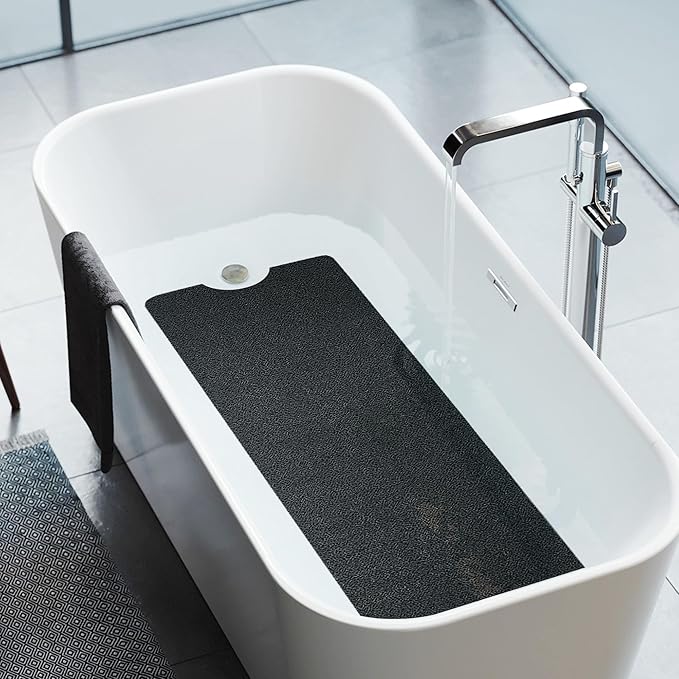 HITSLAM Non Slip Bathtub Mat 40 x 16 Inch, Extra Long Bath Mat for Tub, Soft PVC Loofah Shower Floor Mat with Drain, Quick Drying Bathroom Tub Mat for Wet Area, Without Suction Cup, Black